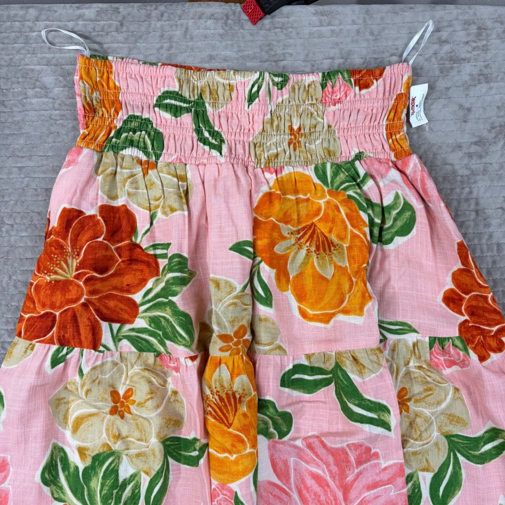 Paper Heart Floral Maxi Skirt XL Pink Linen Blend Smocked Tiered Boho Tropical - Picture 2 of 8